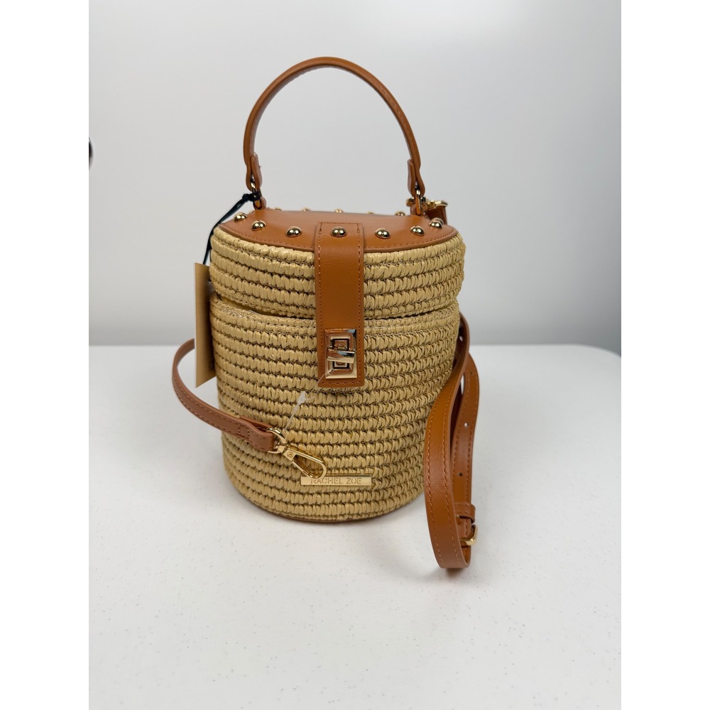 Rachel Zoe Straw Bucket Bag Tan Faux Leather Studded Crossbody Handbag NEW - Picture 1 of 11